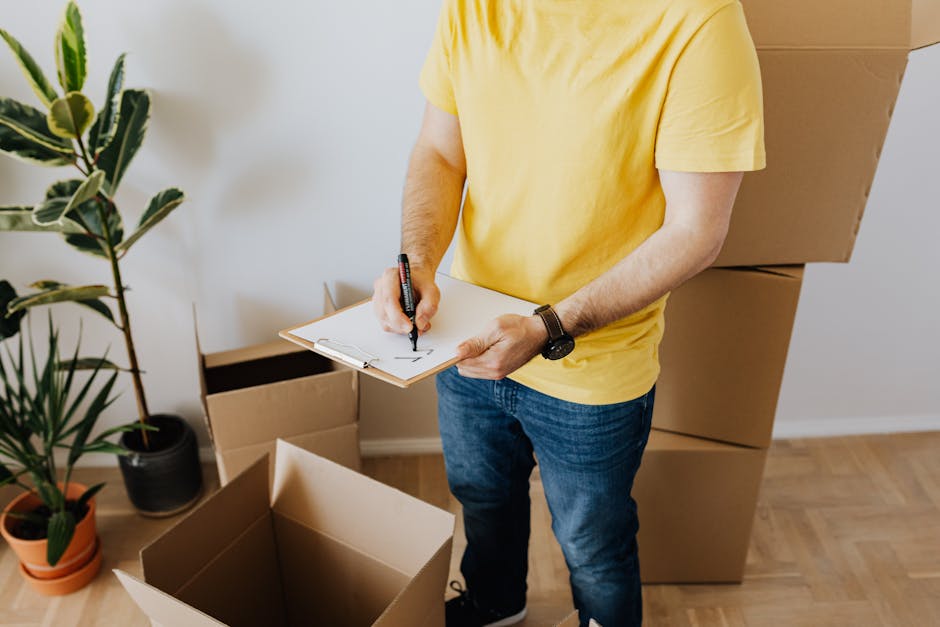 A person wearing a yellow t-shirt and blue jeans stands in a room during a house move, holding a clipboard and a marker while noting down details for the moving process. Surrounding them are several large cardboard boxes, some open and empty, ready for packing or transport. Behind, a large potted plant with green and yellow leaves is positioned near a white wall, adding a touch of natural decor. To the right, a stack of sealed moving boxes is visible, indicating ongoing packing activities. The scene takes place in a well-lit indoor space with wooden flooring, emphasizing the environment typical of a home undergoing relocation. This image illustrates the packing and moving preparations associated with a house relocation service such as those offered by Man with Van Crouch End, focusing on organisation and logistics involved in furniture transport and home packing.