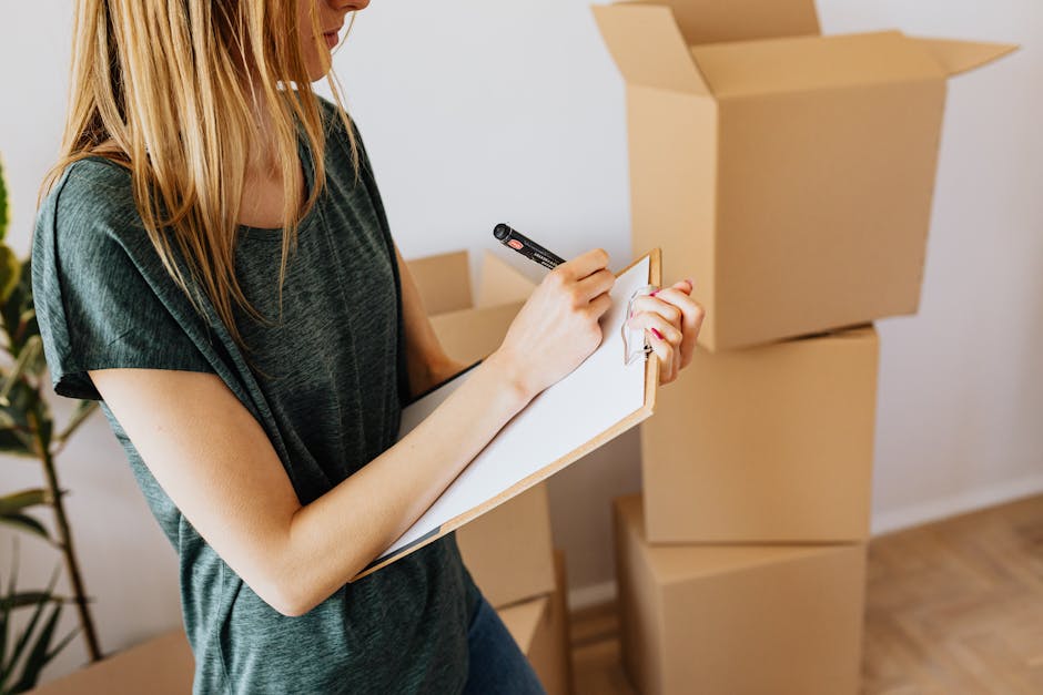 A woman with long blonde hair, wearing a dark green T-shirt, is inside a room with white walls, preparing for house removals. She is holding a cardboard clipboard and writing on a sheet of paper with a black marker. In front of her, there are three stacked cardboard boxes, one of which is open at the top, ready for packing or loading. The boxes are made of brown corrugated cardboard and are positioned on a wooden floor. A potted plant with large green leaves is visible in the background, partially obscured by the woman. The scene depicts a process of packing and organizing contents for a home relocation, involving careful labeling or inventorying of items. This setting aligns with moving and furniture transport activities undertaken by [COMPANY_NAME], such as those detailed on the 'Packing Checklist for Hornsey Lane Moves in N8, CROUCH END' page, highlighting light administrative tasks in preparation for a professional removals service.