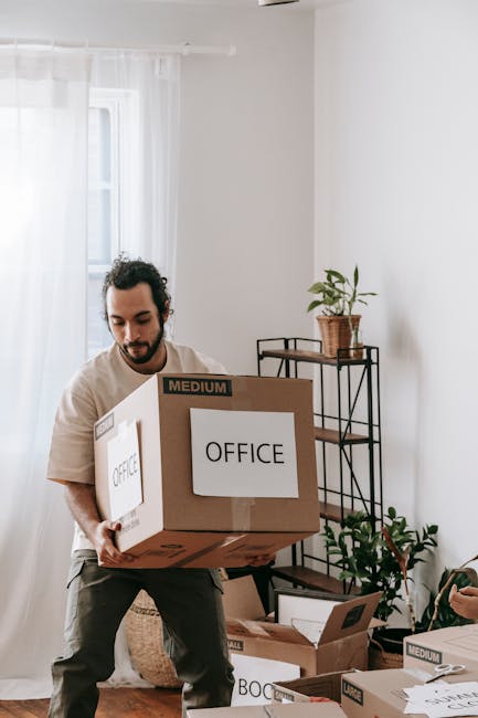 A man with a beard and curly hair, wearing a beige t-shirt, is shown lifting and carrying a medium-sized cardboard box labeled 'OFFICE' inside a well-lit room with white walls and a large window with