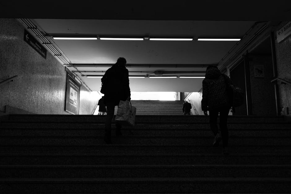 A black-and-white photograph showing a person wearing a short-sleeved shirt and dark trousers ascending a set of outdoor stairs with evenly spaced steps, leading to an upper level of a modern building. The stairs are made of a dark material, possibly metal or wood. The individual is carrying nothing in their hands, and their reflection is visible on the sleek, glass-panelled wall on the right side of the image, which is supported by a metal railing running parallel to the steps. The surrounding environment appears urban, with a minimalistic architectural style, and the sky above is overcast, providing diffuse lighting. This scene illustrates the physical effort involved in stairway navigation during home relocations or furniture transport steps, where careful planning is required to manage movement restrictions like staircase restrictions on Tottenham Lane. Man with Van Crouch End occasionally services such property access challenges during removals or moving logistics, including stairway handling and loading procedures.